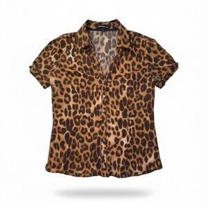 Express Y2K Cheetah Leopard Animal Print Puff Sleeve Button Up Fitted Career LG